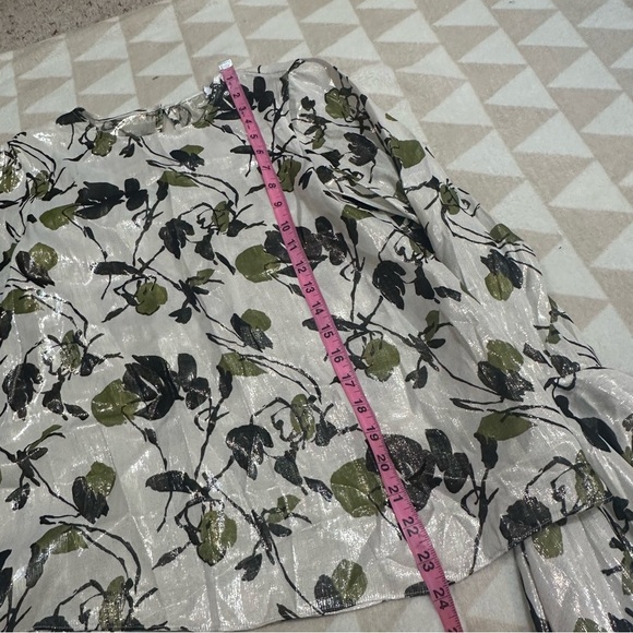 Tanya Taylor green floral metallic bell sleeve blouse - Picture 4 of 5